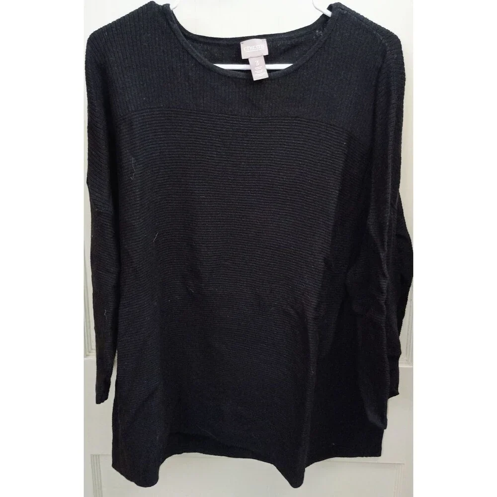 Chico's Size 3 Black Ribbed Knit Dolman Sleeve Sweater Women's XL/XXL Tunic Top